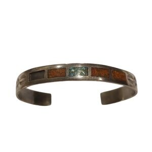 Vintage Sterling Silver Navajo Inlaid Hand Stamped Bangle Bracelet 16 grams